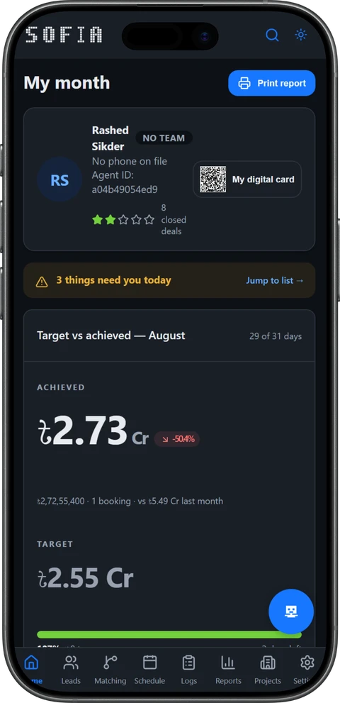Sofia agent dashboard &mdash; my month